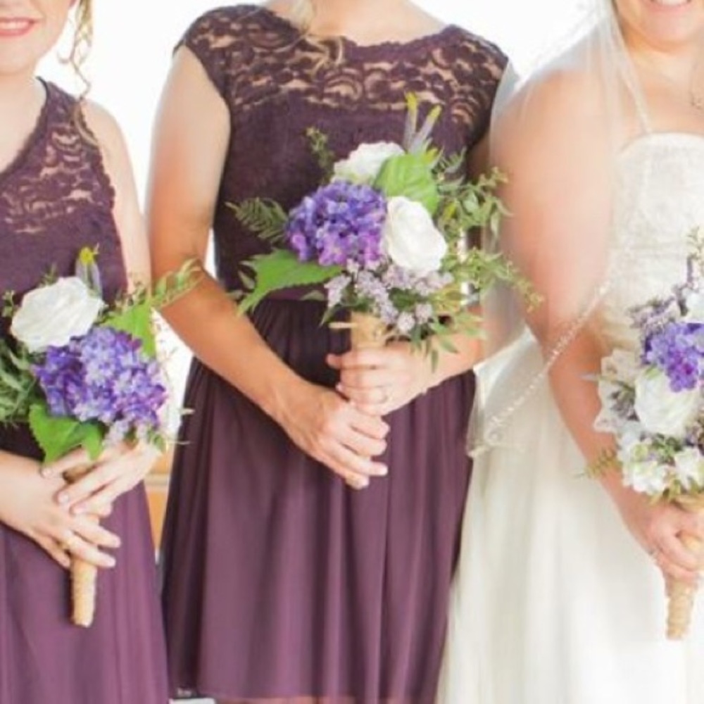 David’s Bridal Lace Cap Sleeve Dress in Plum